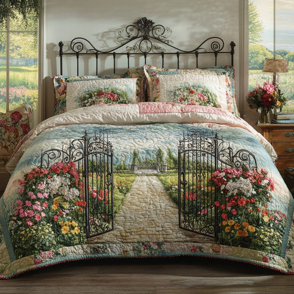 Sunlit Garden Gate quilted 3-piece bedding set on a made bed with two matching pillow shams