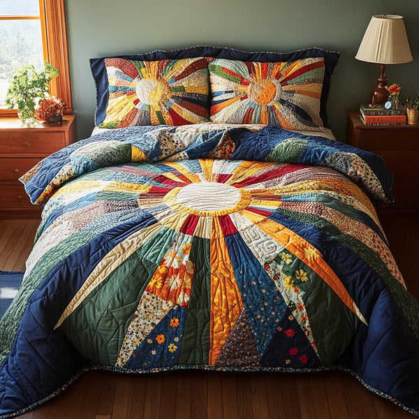 Sunlit Garden quilted 3-piece bedding set on a made bed with two matching pillow shams