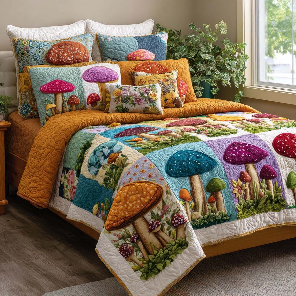Sunlit Garden quilted 3-piece bedding set on a made bed with two matching pillow shams