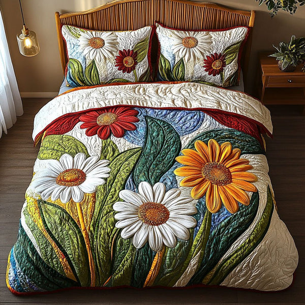 Sunlit Garden quilted 3-piece bedding set on a made bed with two matching pillow shams