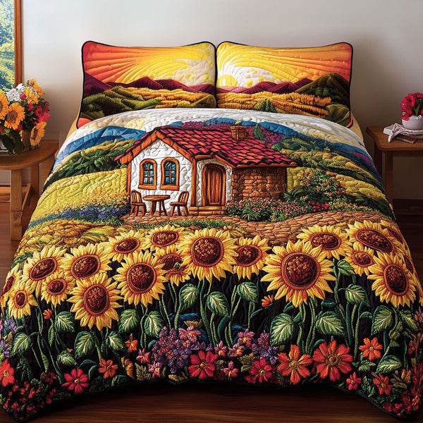 Sunlit Garden quilted 3-piece bedding set on a made bed with two matching pillow shams