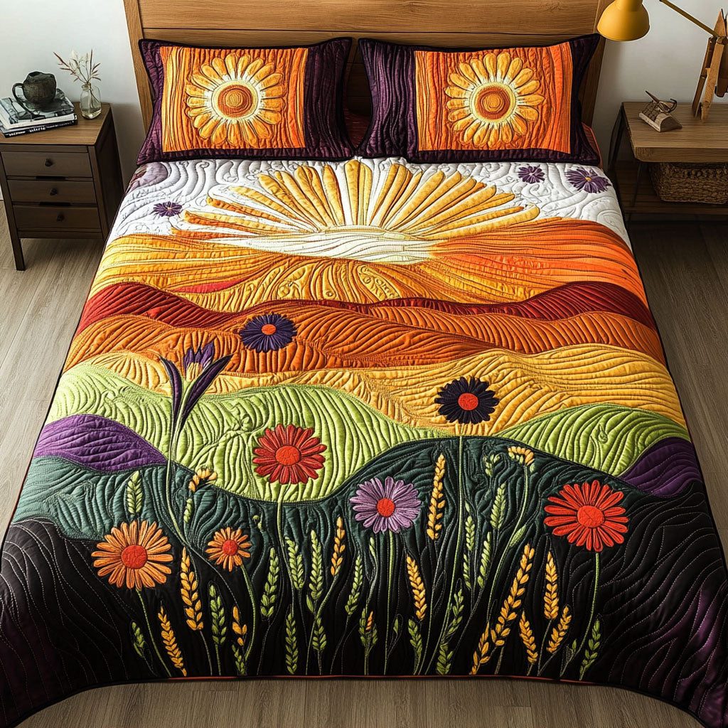 Sunlit Grain quilted 3-piece bedding set on a made bed with two matching pillow shams