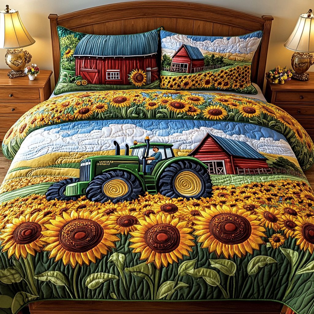 Sunlit Harvest quilted 3-piece bedding set on a made bed with two matching pillow shams