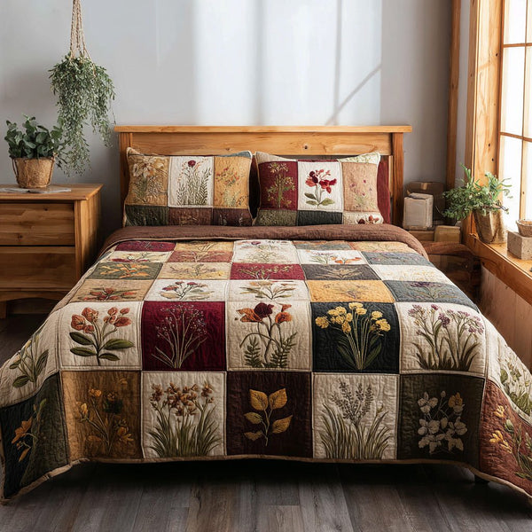 Sunlit Hexagons quilted 3-piece bedding set on a made bed with two matching pillow shams