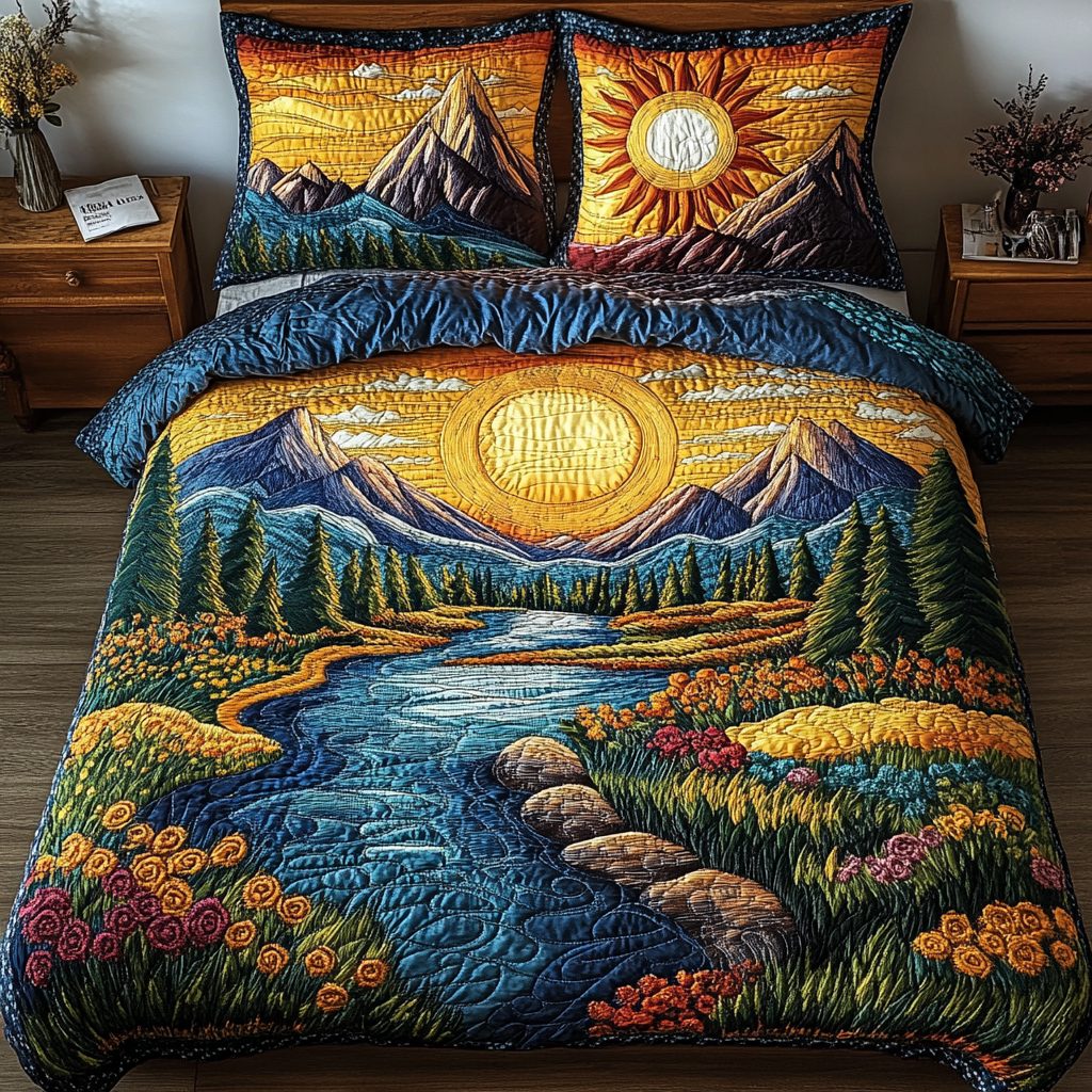 Sunlit Hills quilted 3-piece bedding set on a made bed with two matching pillow shams