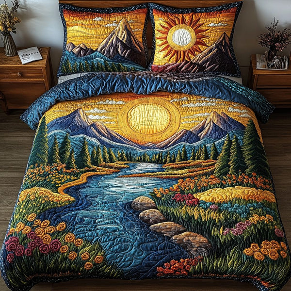 Sunlit Hills quilted 3-piece bedding set on a made bed with two matching pillow shams