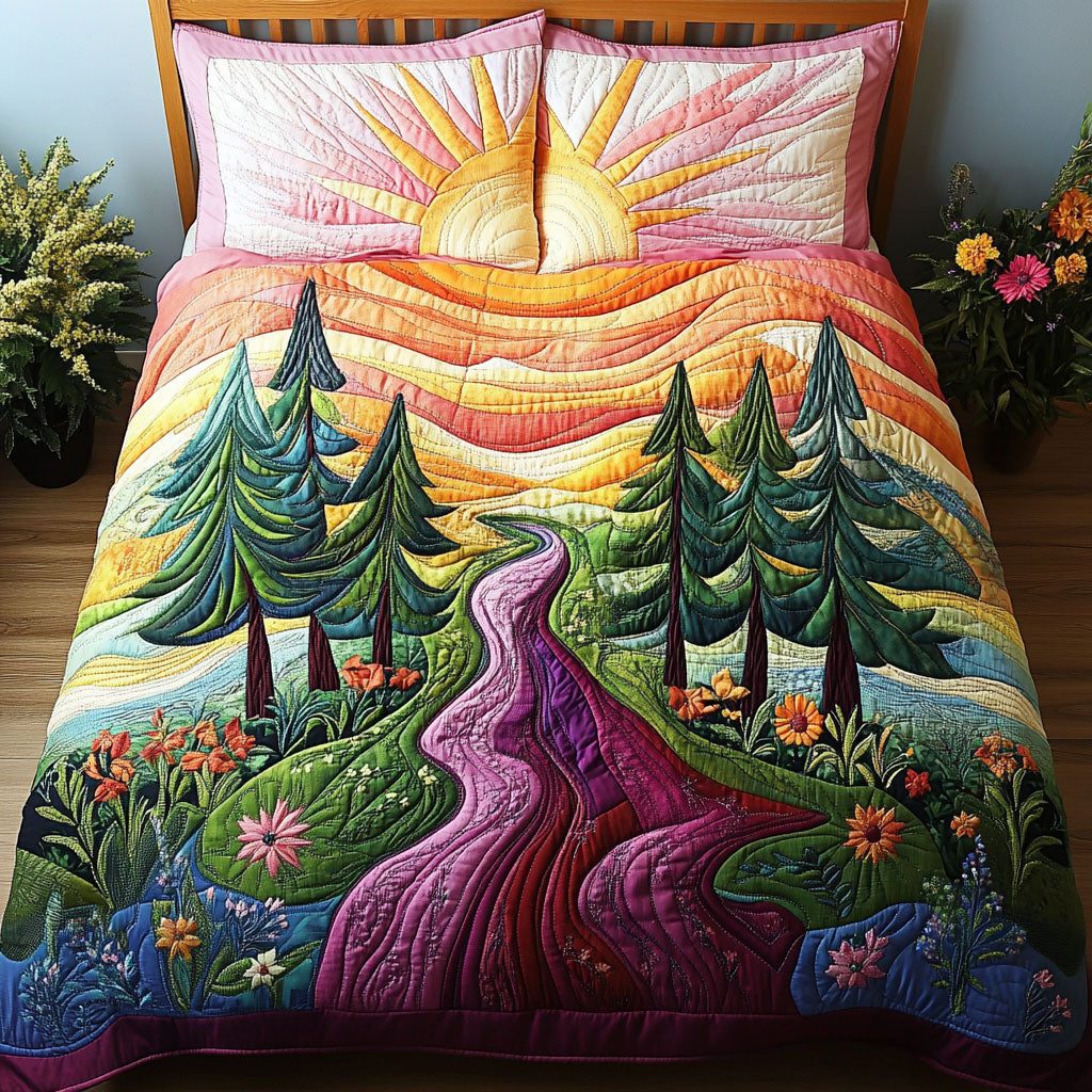 Sunlit Horizons quilted 3-piece bedding set on a made bed with two matching pillow shams