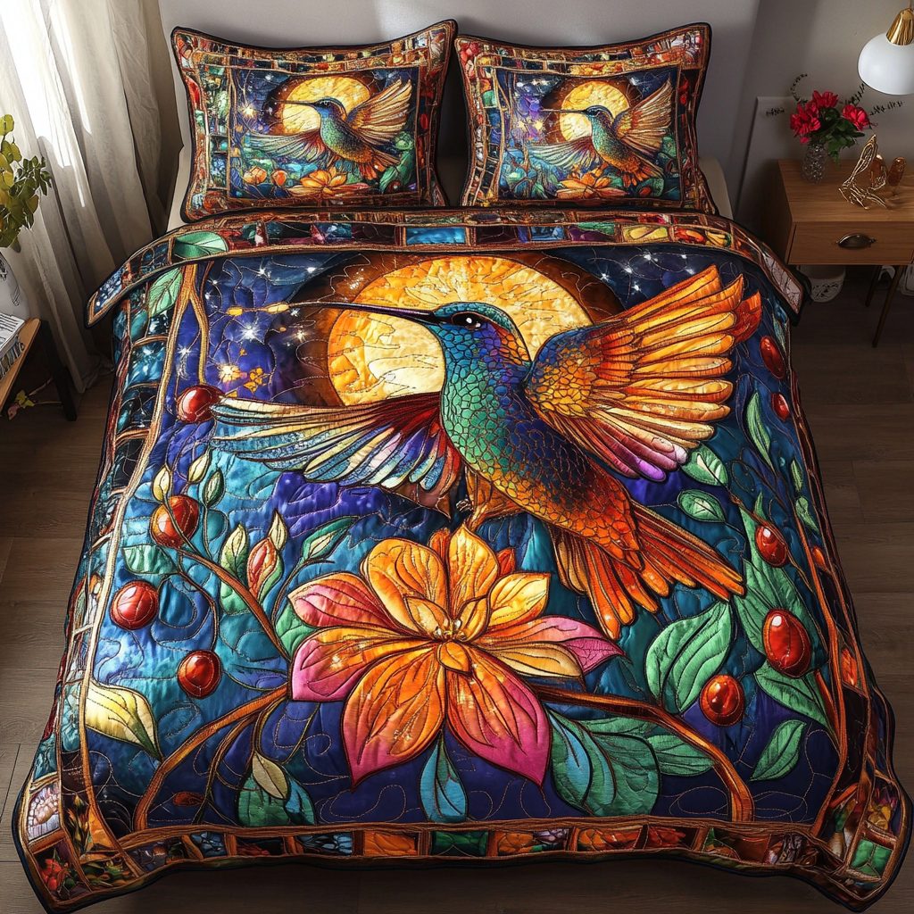 Sunlit Hover quilted 3-piece bedding set on a made bed with two matching pillow shams