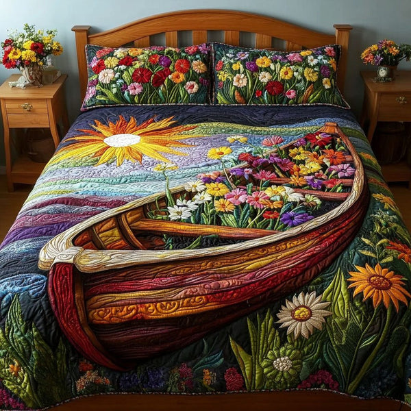 Sunlit Journey quilted 3-piece bedding set on a made bed with two matching pillow shams