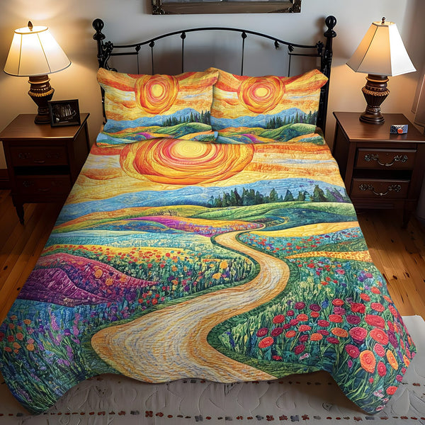 Sunlit Joy quilted 3-piece bedding set on a made bed with two matching pillow shams