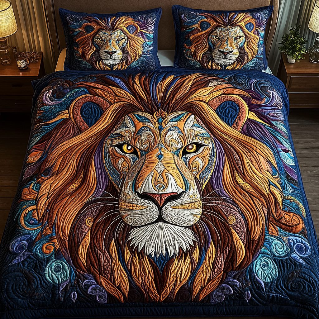 Sunlit Majesty quilted 3-piece bedding set on a made bed with two matching pillow shams