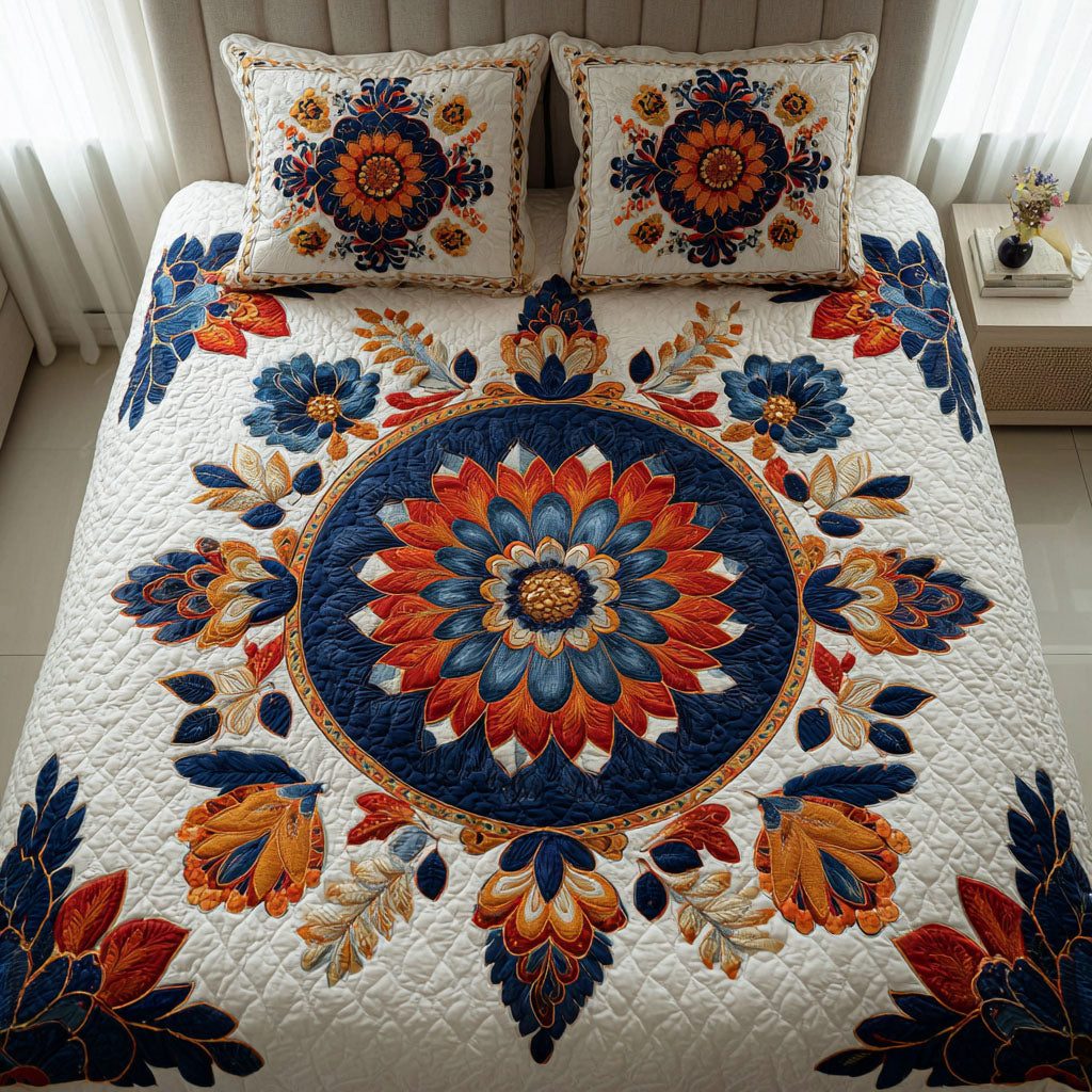 Sunlit Mandala quilted 3-piece bedding set on a made bed with two matching pillow shams