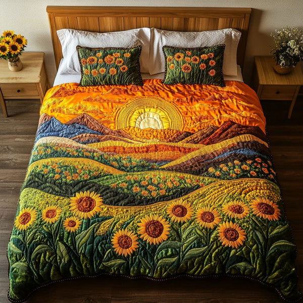 Sunlit Meadow Hills quilted 3-piece bedding set on a made bed with two matching pillow shams