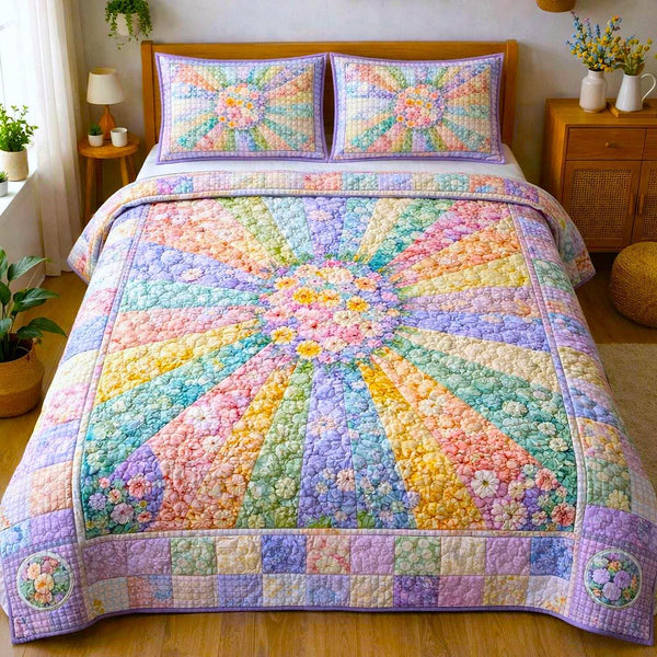 Sunlit Meadow quilted 3-piece bedding set on a made bed with two matching pillow shams