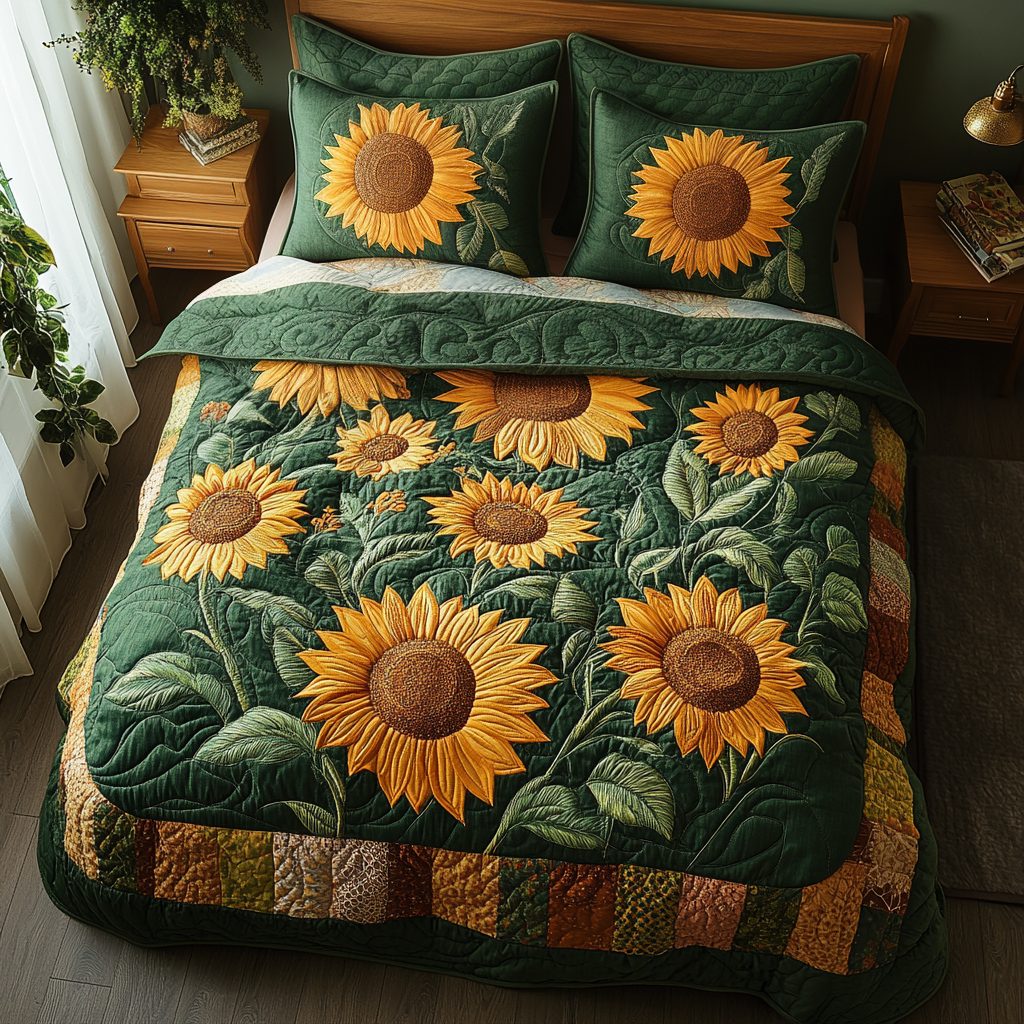 Sunlit Meadow quilted 3-piece bedding set on a made bed with two matching pillow shams