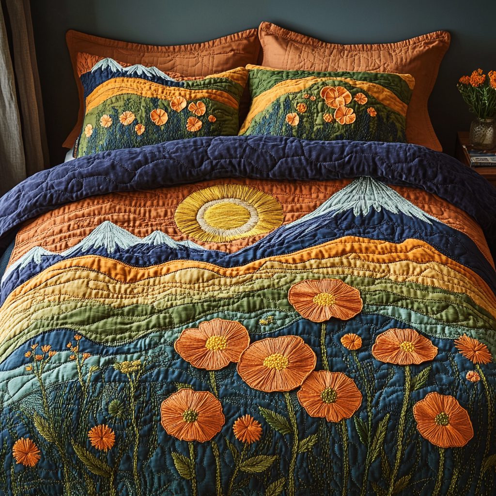 Sunlit Meadow quilted 3-piece bedding set on a made bed with two matching pillow shams
