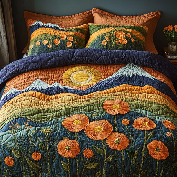Sunlit Meadow quilted 3-piece bedding set on a made bed with two matching pillow shams