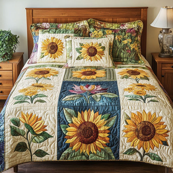 Sunlit Meadow quilted 3-piece bedding set on a made bed with two matching pillow shams