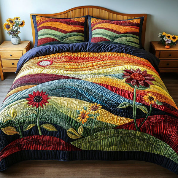 Sunlit Meadow quilted 3-piece bedding set on a made bed with two matching pillow shams
