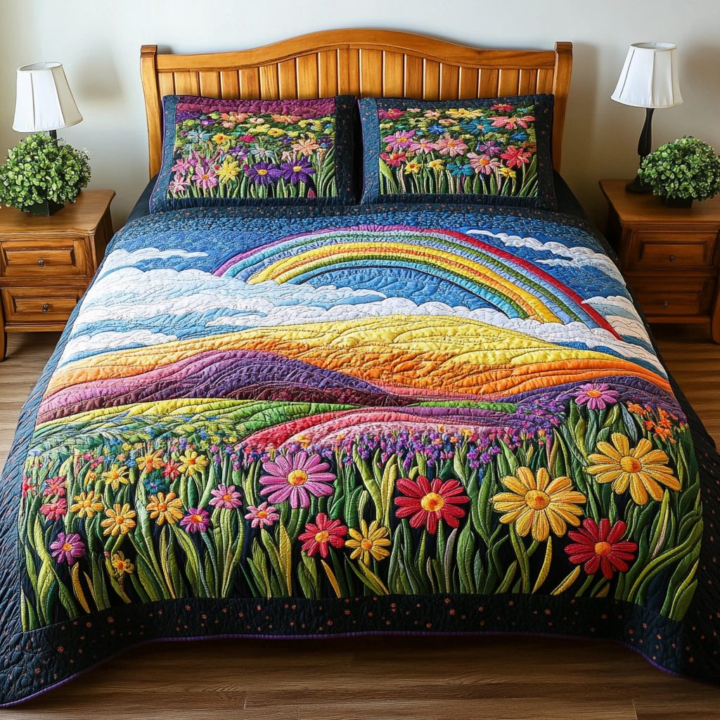 Sunlit Meadows quilted 3-piece bedding set on a made bed with two matching pillow shams