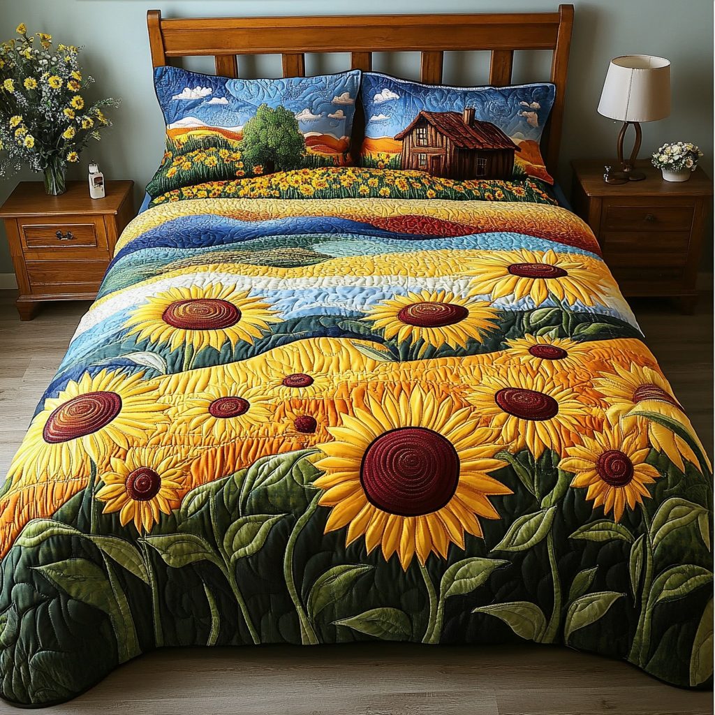 Sunlit Meadows quilted 3-piece bedding set on a made bed with two matching pillow shams