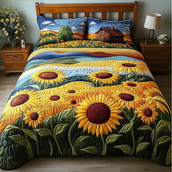 Sunlit Meadows quilted 3-piece bedding set on a made bed with two matching pillow shams