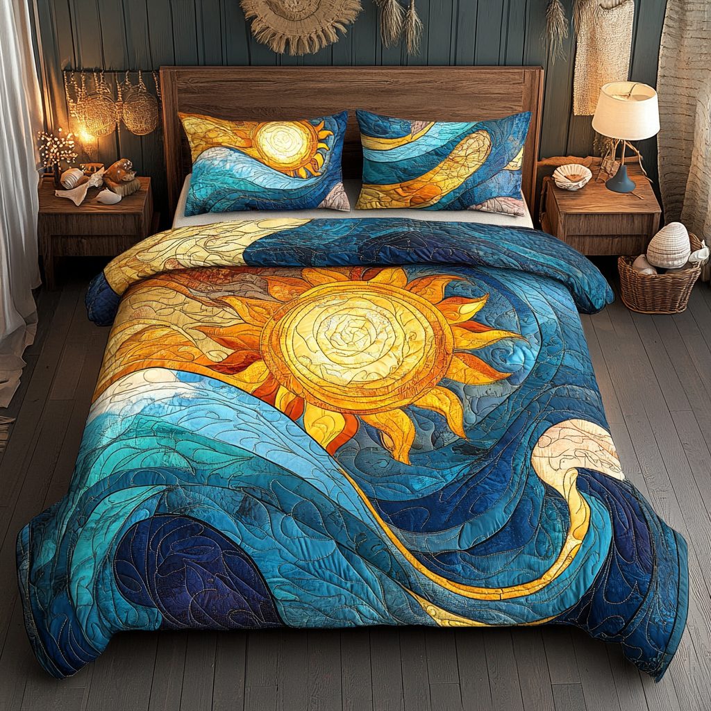 Sunlit Ocean Dreams quilted 3-piece bedding set on a made bed in a light coastal bedroom