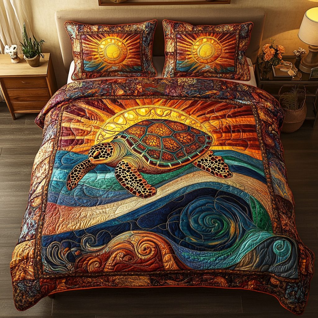 Sunlit Ocean quilted 3-piece bedding set on a made bed in a light coastal bedroom