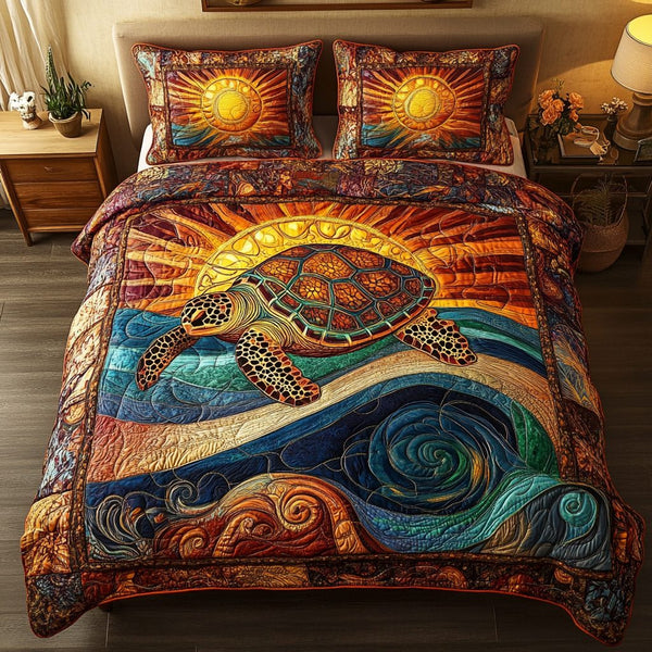 Sunlit Ocean quilted 3-piece bedding set on a made bed in a light coastal bedroom