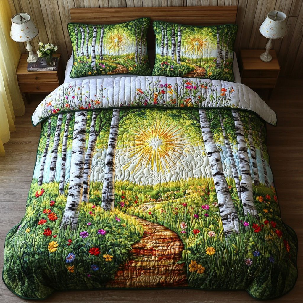 Sunlit Path quilted 3-piece bedding set on a made bed with two matching pillow shams