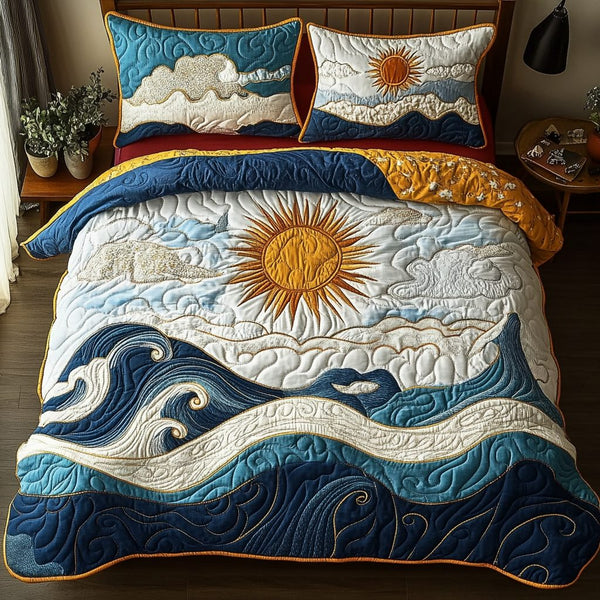 Sunlit Pathways quilted 3-piece bedding set on a made bed with two matching pillow shams