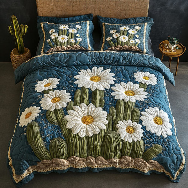 Sunlit Petals quilted 3-piece bedding set on a made bed with two matching pillow shams