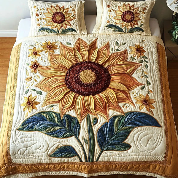 Sunlit Petals quilted 3-piece bedding set on a made bed with two matching pillow shams