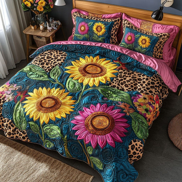 Sunlit Petals quilted 3-piece bedding set on a made bed with two matching pillow shams