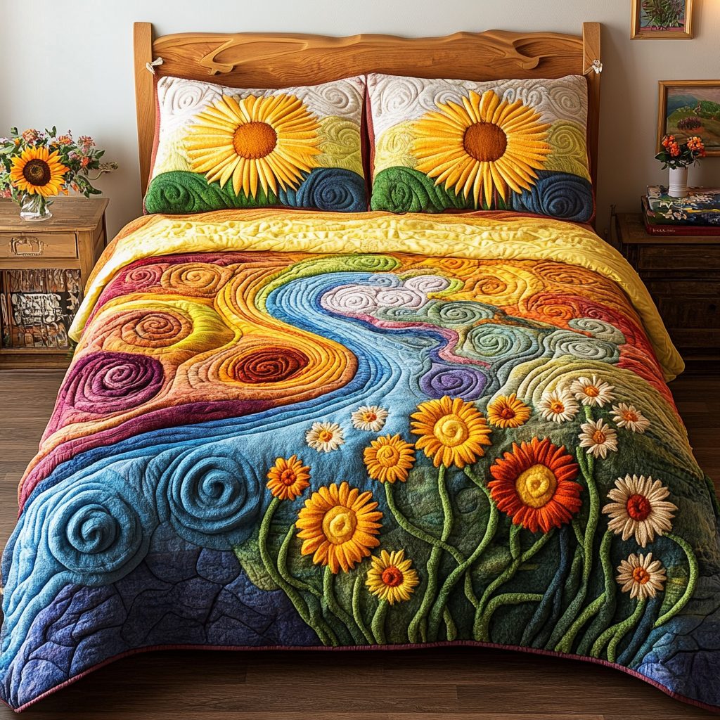 Sunlit Petals quilted 3-piece bedding set on a made bed with two matching pillow shams