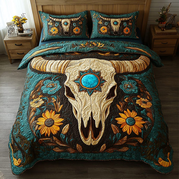 Sunlit Plains Elegance quilted 3-piece bedding set on a made bed with two matching pillow shams