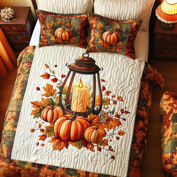 Sunlit Pumpkins quilted 3-piece bedding set on a made bed against a dark styled interior