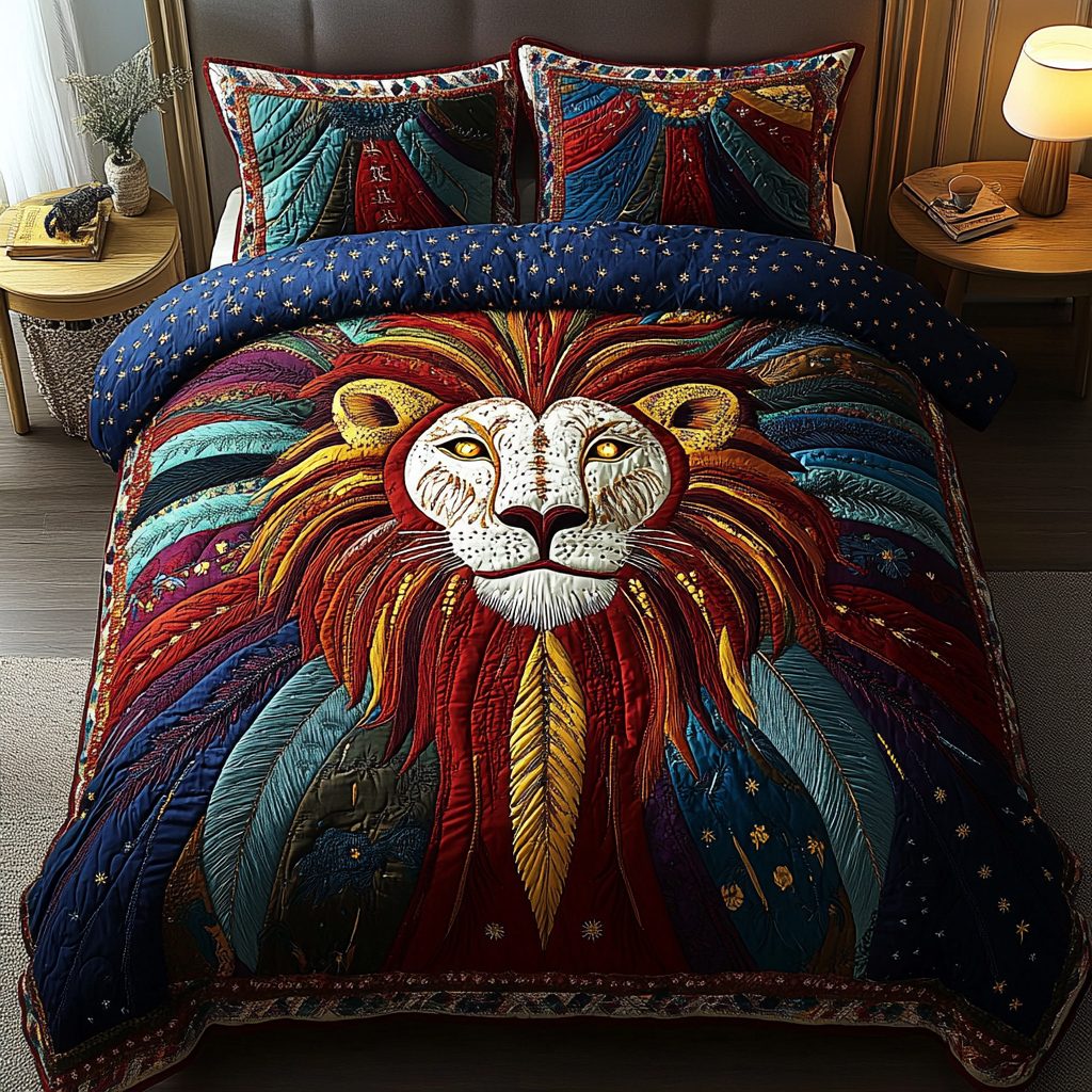 Sunlit Roar quilted 3-piece bedding set on a made bed with two matching pillow shams