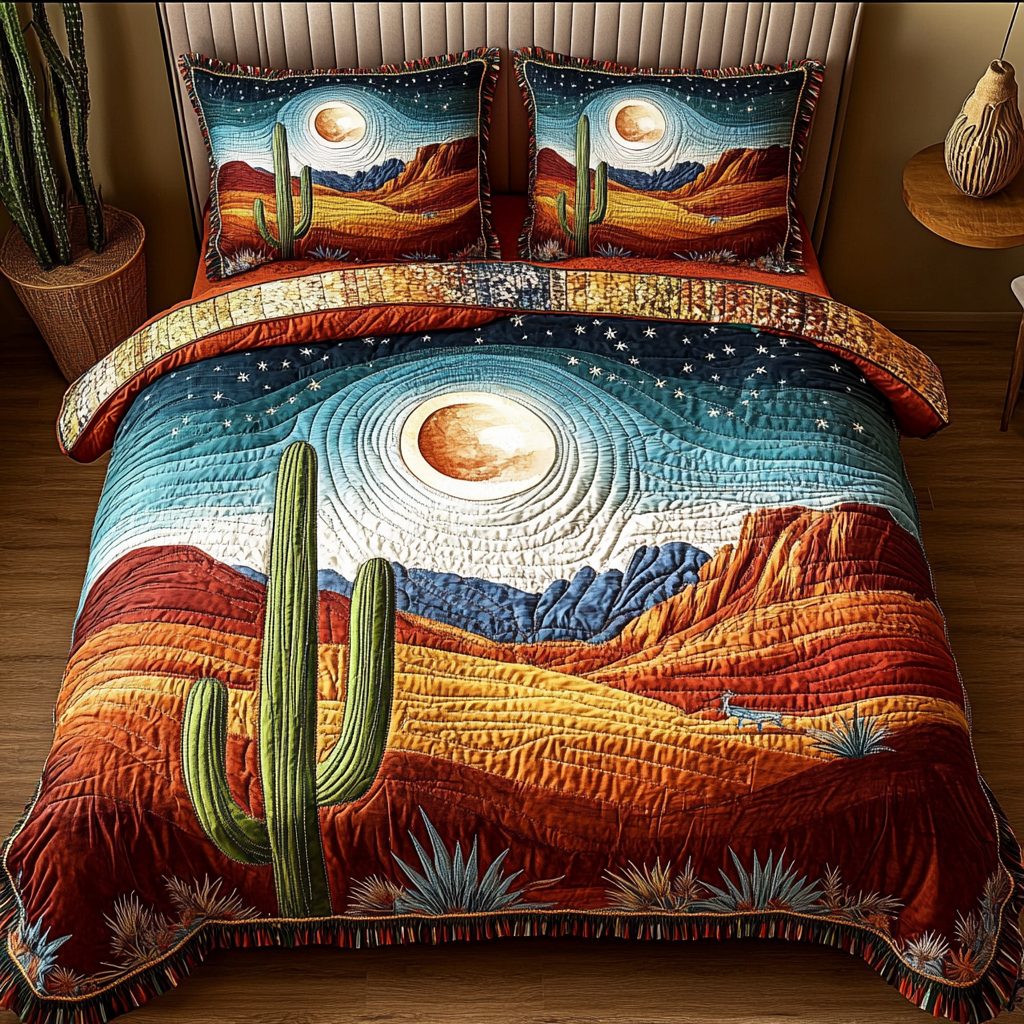 Sunlit Sands quilted 3-piece bedding set on a made bed with two matching pillow shams