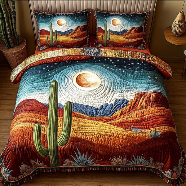 Sunlit Sands quilted 3-piece bedding set on a made bed with two matching pillow shams
