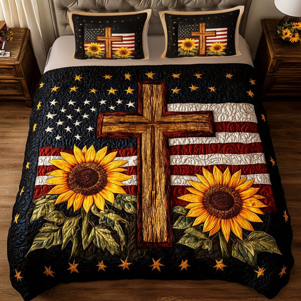 Sunlit Savior quilted 3-piece bedding set on a made bed with two matching pillow shams