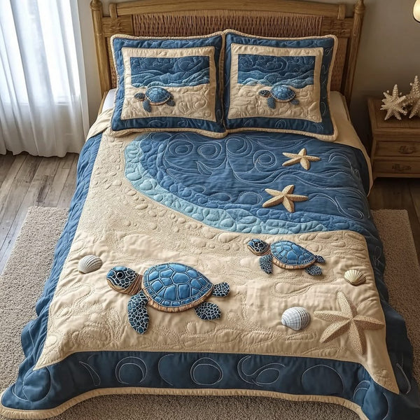 Sunlit Seashore quilted 3-piece bedding set on a made bed in a light coastal bedroom
