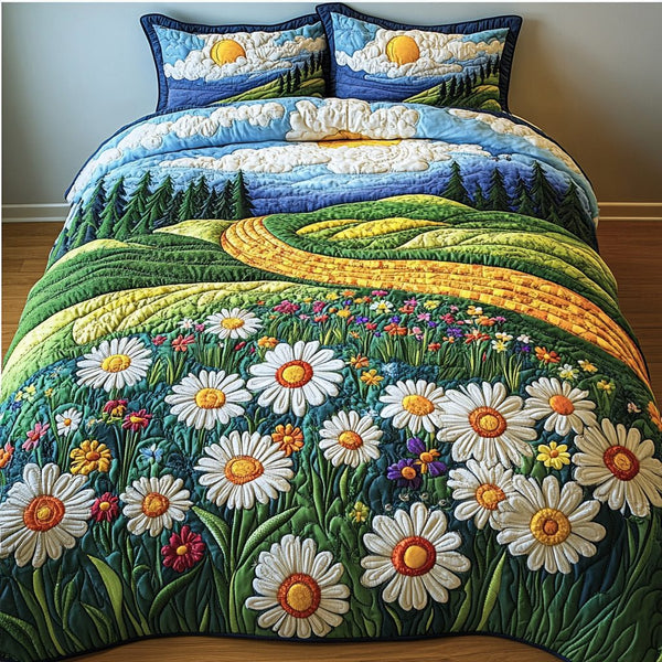 Sunlit Serenity quilted 3-piece bedding set on a made bed with two matching pillow shams