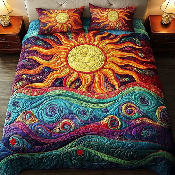 Sunlit Serenity quilted 3-piece bedding set on a made bed with two matching pillow shams