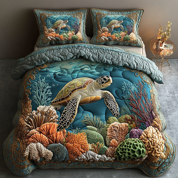 Sunlit Shell quilted 3-piece bedding set on a made bed in a light coastal bedroom
