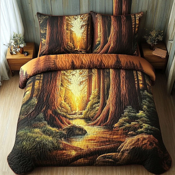 Sunlit Silence quilted 3-piece bedding set on a made bed with two matching pillow shams