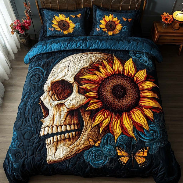 Sunlit Skull quilted 3-piece bedding set on a made bed against a dark styled interior