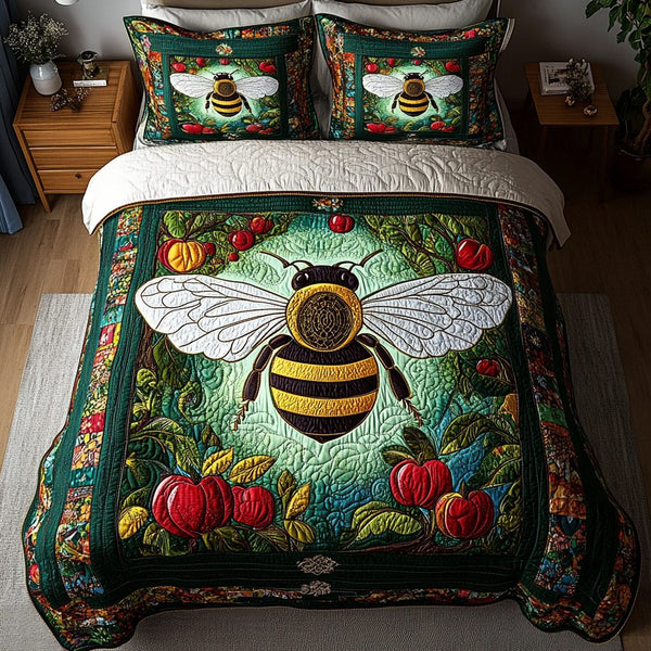 Sunlit Stripes quilted 3-piece bedding set on a made bed with two matching pillow shams