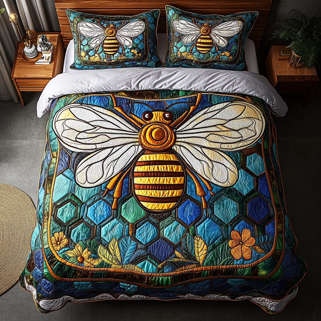 Sunlit Stripes quilted 3-piece bedding set on a made bed with two matching pillow shams