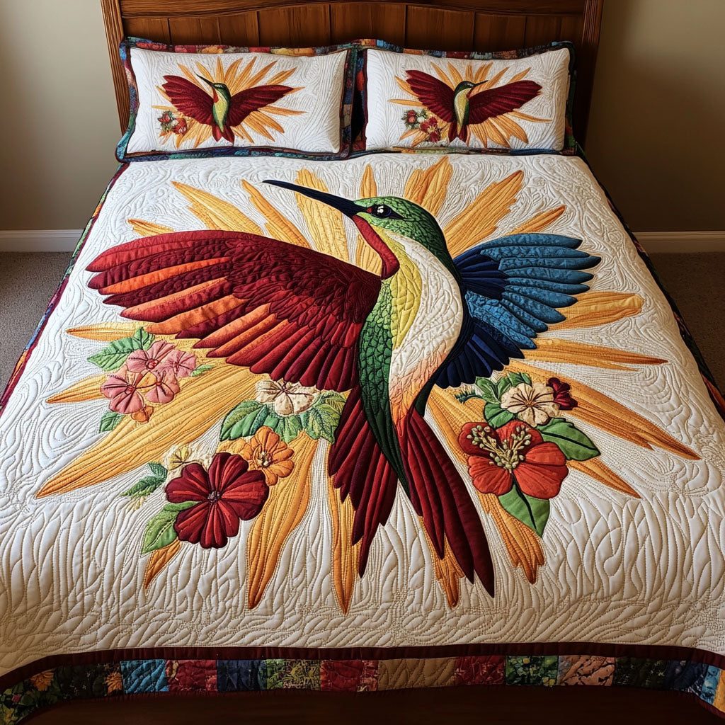 Sunlit Symphony quilted 3-piece bedding set on a made bed with two matching pillow shams